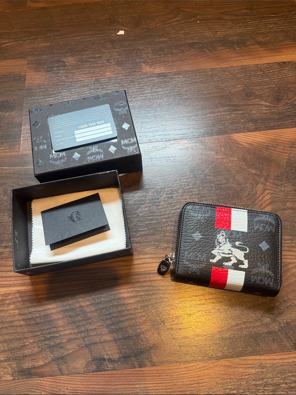 MCM Black Leather Zip Around Wallet with Red & White Racing Stripe